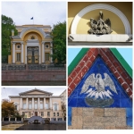 Пеликан с птенцами на разных зданиях
